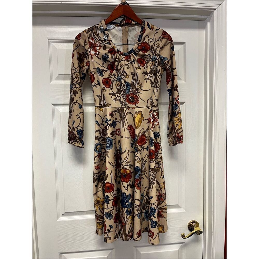 Vintage Sears Tan Floral Tie Belted Dress sz S